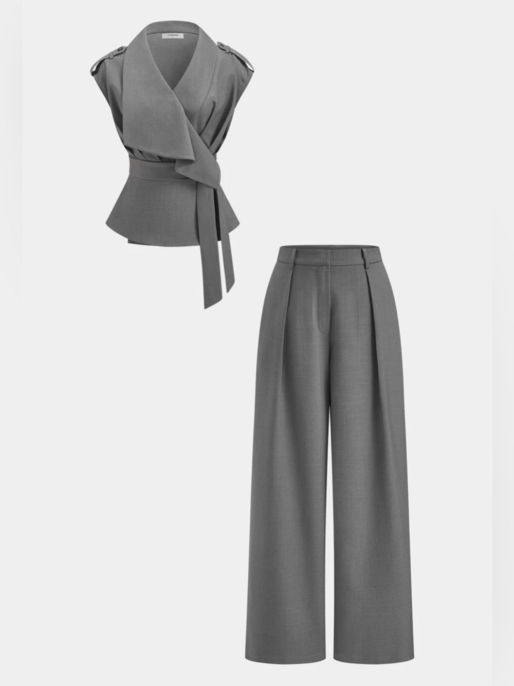 Commense Gray Sleeveless Wrap Front Fitted Top with Pants Set